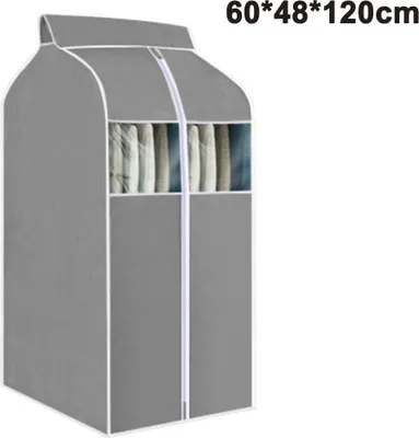 A gray fabric garment bag with transparent windows, used for storing clothes. The bag is upright and has a zipper closure. Several folded garments are visible through the windows.