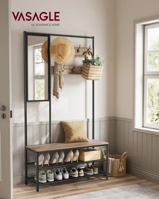 Produktbild von VASAGLE Kleiderständer, Garderobe,mit Haken, Spiegel, Sitzbank, 35 x 98 x 180 cm