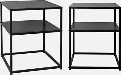 Two black metal bedside tables with shelves, shown against a white background.