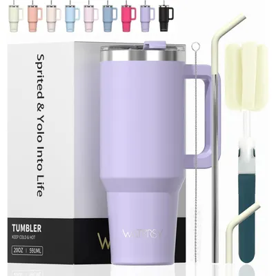 Immagine prodotto di Tazza termica da viaggio, 591 ml, color lilla, a doppia parete in acciaio inossidabile, isolata sottovuoto, a prova di perdite, con manico e cannuccia