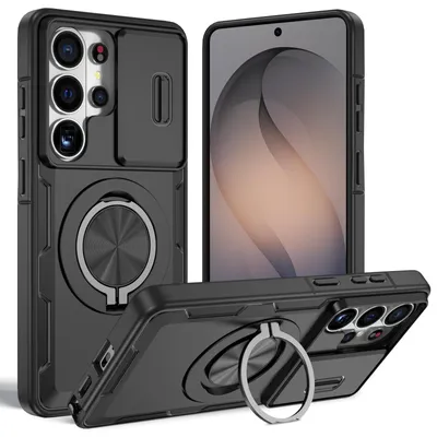 Produktbild von Magnetische Hülle für Samsung Galaxy S26 Ultra, Militär Stoßfest Handyhülle mit Kameraschutz und Ringhalter Ständer Schwarz