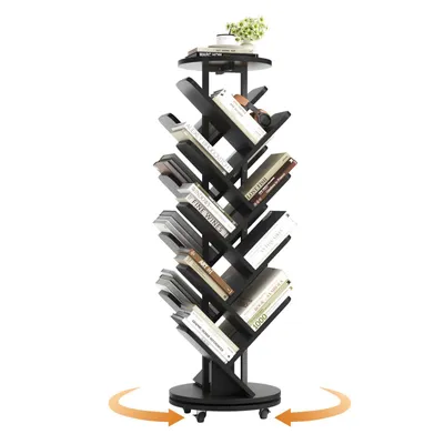Produktbild von Drehbares Baum-Bücherregal Standregal Dekoregal mit 17 Ablagen, 360° Rotation, Lenkrollen mit Bremsen, Platzsparendes Standregal für Wohnzimmer Büro