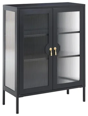 Produktbild von BELIANI Sideboard Schwarz Metall mit Riffelglas 2 Türen 3 Fächer Industrie Loft Design Homeoffice Büroschrank Metallschrank Vitrine Vitrinenschrank
