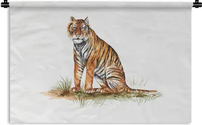 Produktbild von MuchoWow® Wandteppich Wandbehang Tiger - Gras - Orange 60x40 cm Tapisserie Dekoration Wandtuch - Wanddekorationen
