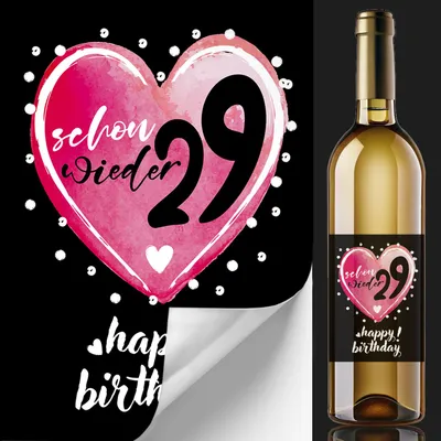Produktbild von 2 Flaschenetiketten Geburtstag 'Schon wieder 29', Aquarell-Herz Pink, Witzige Deko