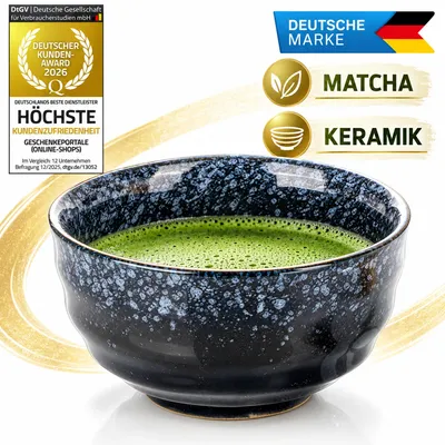 Produktbild von Komplettes Matcha Set traditionell japanisch 4-teilig mit Keramik Teeschale, Bambusbesen, Dosierlöffel & Besenhalter für authentischen Tee