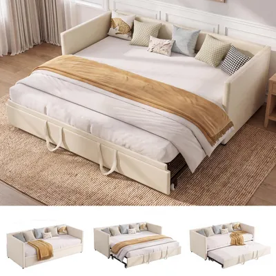 Obrázek produktu pro Rozkládací denní lůžko 90x200/180x200 cm, čalouněná pohovka s rozkládací postelí, sametová barva, béžová