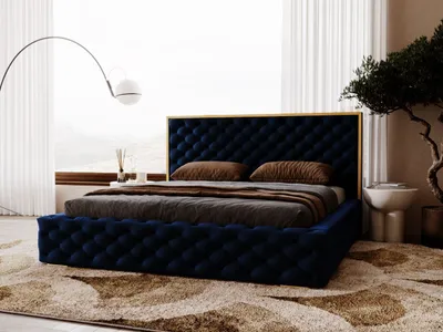 Obrázok produktu pre GRAINGOLD Čalúnená posteľ Wave 140x200 - Čalúnená posteľ s podnožou - Manželská posteľ s lamelovým roštom - Modrá (Magic Velvet 2216)