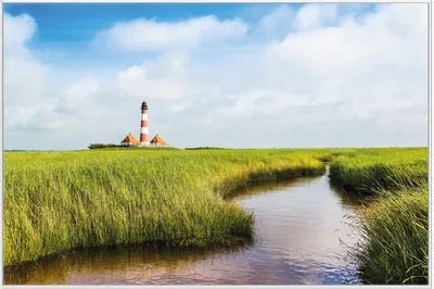 Produktbild von Wallario Wandbild Kleiner Bach durch Schilf auf dem Weg zum Leuchtturm, Größe: 61 x 91,50 cm, Poster mit weißem Aluminiumrahmen