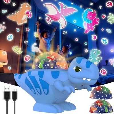 Produktbild von Dinosaurier Projektor Nachtlicht für Kinder, 360° drehbar, 3-in-1 Dino Projektionslampe mit Sternenhimmel, 16 Lichtmodi, USB-C, Blau