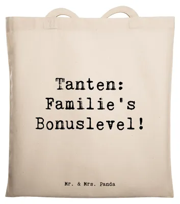 Produktbild von Mr. & Mrs. Panda Tote Bag Spruch Tante Bonuslevel - Transparent - Geschenk, Nichte, Tasche, Neffe, Familie, Weihnachten, Shopping, Laptoptasche, Schultasche, Anekdoten