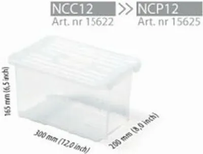 A clear product shot of a transparent plastic storage box with dimensions indicated.