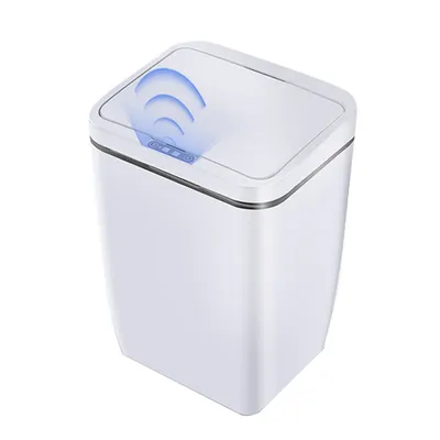 A white sensor trash can with a blue wave graphic indicating motion detection.