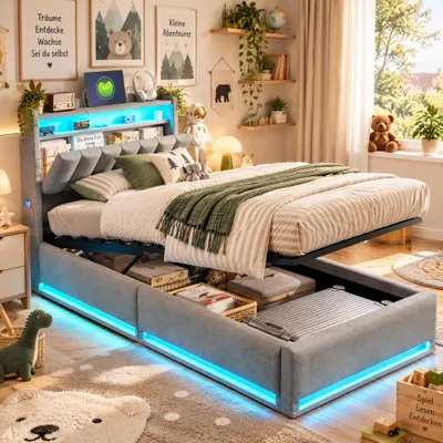 Immagine prodotto di Letto imbottito 90x200 cm con contenitore, letto a baldacchino per bambini con illuminazione a LED, spazio contenitivo nella testiera e porta USB, letto a molle con rete a listelli, rivestito in velluto, colore grigio (senza materasso)