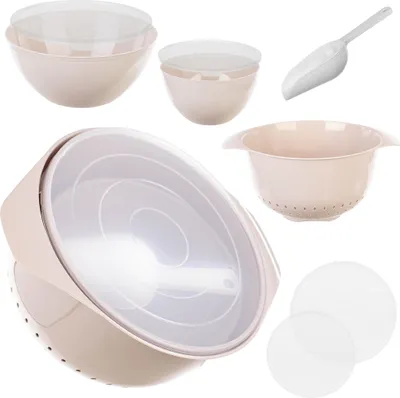 Produktbild von KADAX Schüsselset aus Kunststoff – Rührschüsseln mit Deckeln 1,5L & 3L, Schaufel & 3,5L Küchensieb – stapelbares Küchenzubehör zum Backen, Kochen, Waschen & Aufbewahren (Beige)