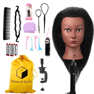 Produktbild von Desire of Goods Afro Übungskopf Friseurkopf – Echthaar – mit Tischklemme & Styling-Zubehör – Frisierkopf – Friseurkopf – 40 cm