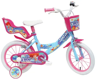 Kinderfahrrad 14 Zoll, blau/fuchsia/weiß, mit Korb und Puppensitz