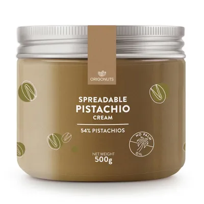 Zdjęcie produktu dla ORIGONUTS, Pasta Pistacjowa 54% Pistacji, Krem Pistacjowy, Mus z Pistacji, 500 g