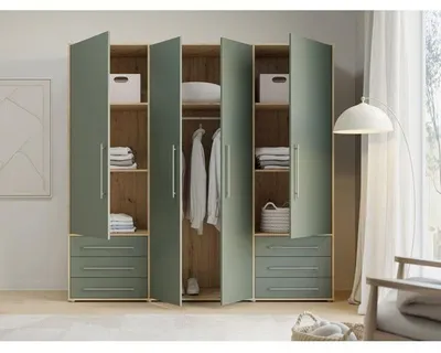 Produktbild von MOKKARO Kleiderschrank 206 cm, 4 Flügeltüren, 6 Schubladen, Sagegrün & Eiche-Look, 1 Kleiderstange, 5 Ablagen, matt