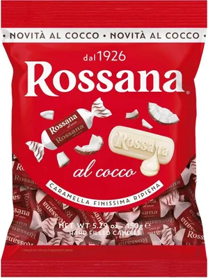 Produktbild von 6x Rossana al Cocco Caramelle Candies Bonbon Lollies Hartbonbons mit cremiger Füllung auf Basis von Milch und Kokosnuss 150g Beutel + Italian Gourmet Polpa di Pomodoro 400g Dose