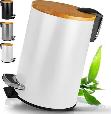 Obrázek produktu pro Bambusový koš na odpadky do koupelny – 3 litry, bílý, kvalitní koš s mechanismem Softclose