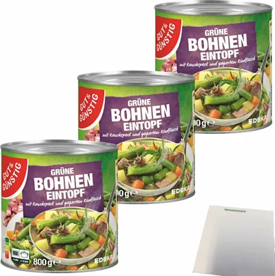 Produktbild von Gut & Günstig Grüne-Bohneneintopf mit Rauchspeck und Rindfleisch 3er Pack (3x800g Dose) + usy Block
