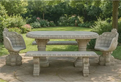Produktbild von Casa Padrino Barock Garten Möbel Set Grau - 1 Tisch - 2 Stühle - 2 Sitzbänke