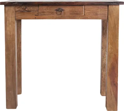 A wooden table with a single drawer and a metal handle, shown against a white background.