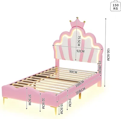 Image de Lit rembourré 90x200cm avec sommier à lattes, Lit d'enfant avec Led, Lit simple avec forme de couronne, Lit en bois Lit classique, PU, Rose