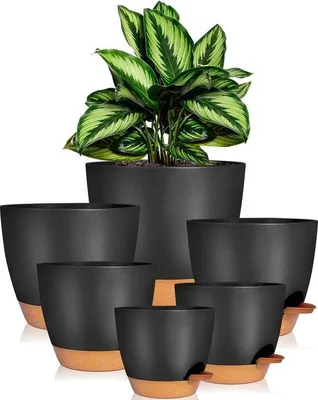 Produktbild von Famanu Kunststoff-Blumentopf mit Untersetzer 20,3/17,7/16,5/15,2/14/12,5 cm - Schwarz, Set von 6