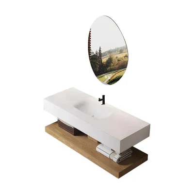 Produktbild von Badezimmer-Set mit weißem Waschbecken - Sinterstein - LED-Spiegel, brauner Ablage und Ablaufgarnitur, 120×55 cm【R557】