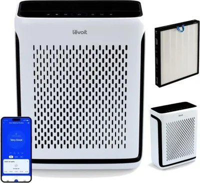 A collage of an air purifier, its filter, and a smartphone app interface.