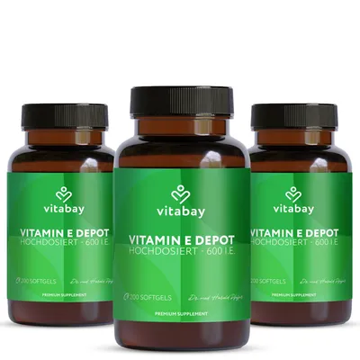 Produktbild von Vitabay Vitamin E 600 I.E. Depot – 600 vegane Softgels – mit D-Alpha-Tocopherol & Tocotrienolen – ohne Zusatzstoffe – für 36 Monate+