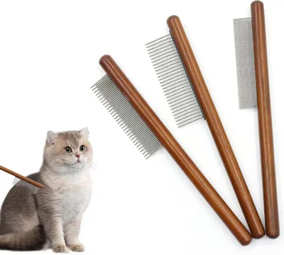 Produktbild von Holzkamm für Katzen - Set aus 3 Bürsten für langes und kurzes Haar - Edelstahl-Hundekamm enthalten - Flohkamm für Katzen - Entfernt Verfilzungen, Knoten und loses Haar