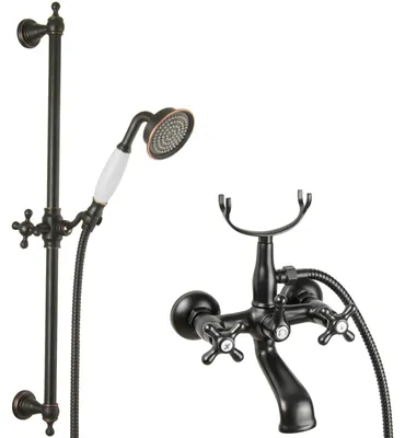 Produktbild von PaulGurkes schwarze Wannenarmatur Retro Duschstange Nostalgie Aufputz Wannen Set