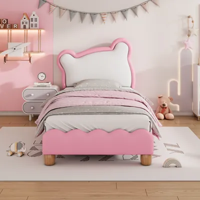 Produktbild von okwish Kinderbett 90x200cm Einzelbett mit bequemem Bärenkopfteil, Lattenrost aus Holz, hochwertiges PolyurethanMaterial Kinder-Einzelpolsterbett, Rosa