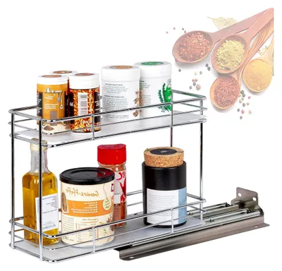 Produktbild von Gewürzregal ausziehbar | Doppelkorb | Gewürzständer aus Edelstahl | Schrankeinsatz für die Küche | Regal Organizer | Teleskop-Gewürzregal für Schränke und Schubladen