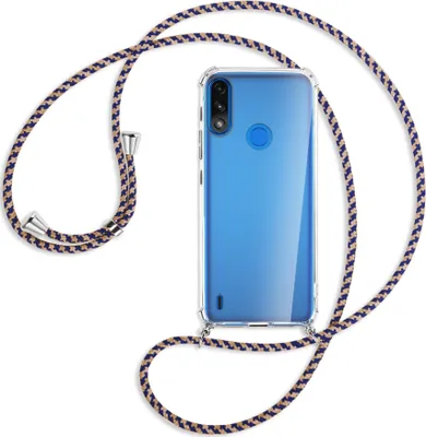 Produktbild von Handykette Backcover-Schutzhülle mit Band (Metall silberfarben) für Motorola Moto E7 Power, E7i Power - blau+beige