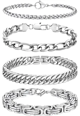 Image de Ensemble de 4 bracelets pour homme, en acier inoxydable argenté, de 4/6 mm de largeur, longueur 21 cm