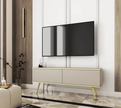 Produktbild von TV-SCHRANK BLUM ORO MDF BEIGE 135 GOLDBEINE – Standmöbel zur Selbstmontage – Wohnzimmermöbel im modernen Stil – inklusive Satz Bretter zur Montage