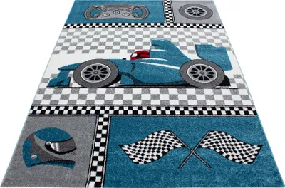 Produktbild von Teppich Läufer Kinderzimmer Blau 80x150 Rennwagen aus Polypropylen