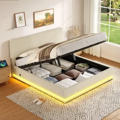 Produktbild von STILVORA Polsterbett 180x200 cm höhenverstellbares Kopfteil mit LED Beleuchtung und USB-C Ladeanschluss, Stauraumbett mit Unterbett-Stauraum und komfortablem Polsterkopfende, Einzelbett Cord Stoff modern Beige