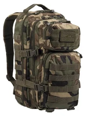 Productafbeelding van Stormrugzak met een inhoud van 20 liter, in camouflageprint Woodland, gemaakt van 100% polyester, model Miltec 50212