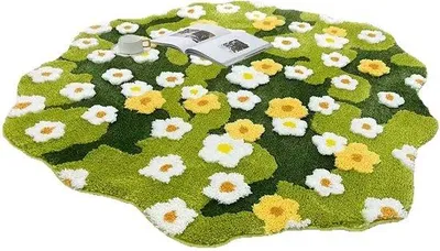 Produktbild von Unyqoos® 3D-Blumen-Moosteppich – weicher Acryl-Teppich mit 3D-Blüten, Antirutsch-TPR-Unterseite, waschbar, oval mit unregelmäßigem Rand, 100 x 105 cm, Grün
