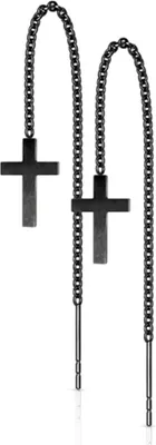 Produktbild von Kreuz Durchzieher Ohrringe Edelstahl Ketten Ohrhänger Schwarz