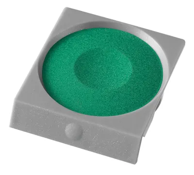 A single pan of green watercolor paint in a gray plastic holder, isolated on a white background.