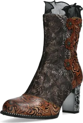 Produktbild von Laura Vita Damen Stiefelette mit floralem Muster und Blütenapplikation Ledao 48, Größe:37 EU, Farbe:Braun