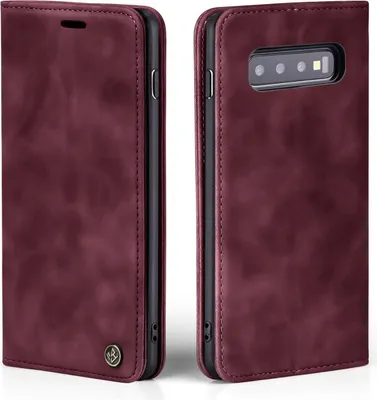 Two views of a burgundy flip-style phone case for a Samsung Galaxy S10+.