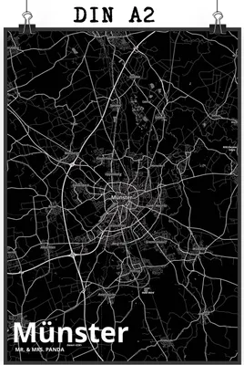 Produktbild von Mr. & Mrs. Panda Bild Münster DIN A2 - Geschenk, Stadt, Dorf Karte Landkarte Map Stadtplan, wanddeko, kunstdruck poster, Wandbild, Plakat, drucke