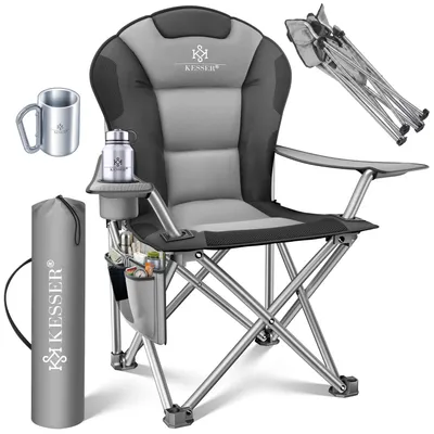 Produktbild von KESSER® Campingstuhl faltbar bis 150 kg Angelstuhl Faltstuhl Klappstuhl Gepolstert mit Armlehnen, Getränkehalter + Tasche mit hoher Rückenlehne, Strandstuhl, Klapphocker